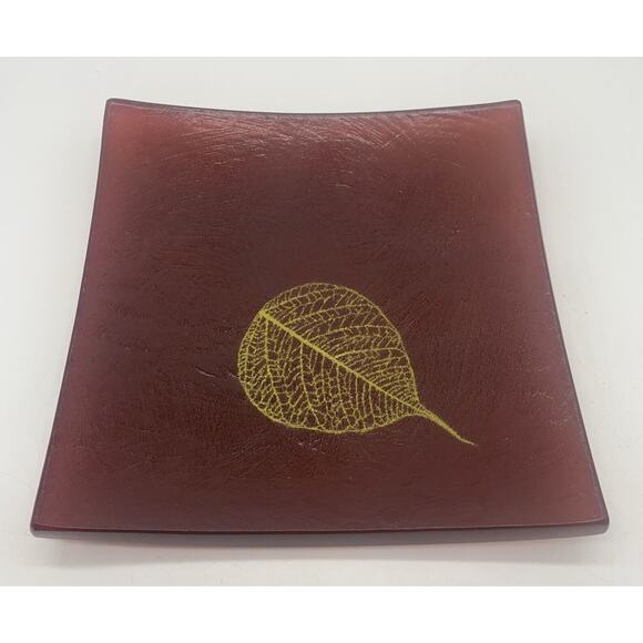 Signed Annieglass USA Fallen Leaf Cranberry Art Glass Slab Plate 8” 32/37 - Picture 2 of 7